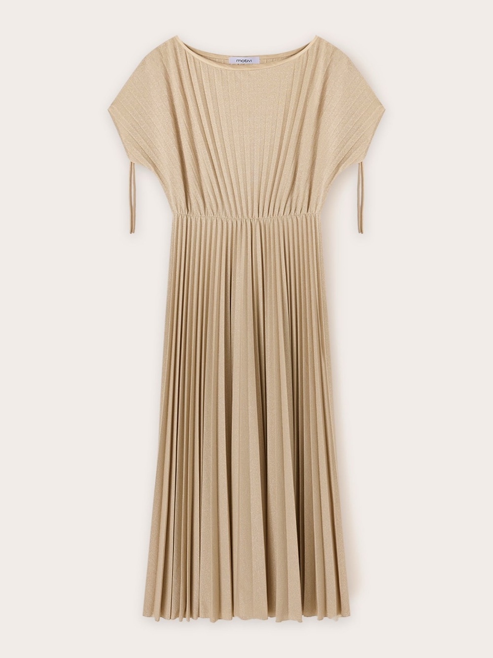 Motivi Taupe Pleated Midi Dress with Ruched Tie Shoulders